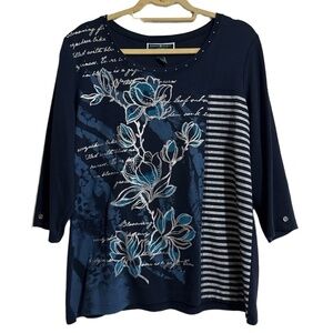 Karen Scott Top Womens 1X Plus Navy Multi Floral Graphic 3/4 Sleeve Striped